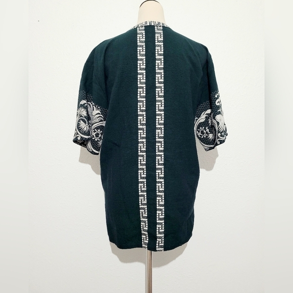 Vintage Giras Woven Embroidered UNISEX Green Pullover Greek Lounge Shirt Size L - Picture 5 of 10